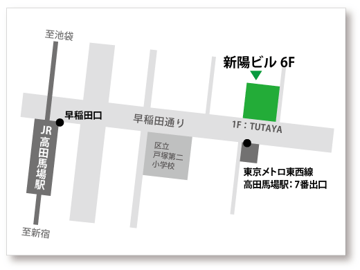 案内図ＪＲ高田馬場駅徒歩３分、東京メトロ高田馬場駅徒歩１分、新陽ビル６階